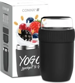 Coninx Thermos Lunchbox - Muesli Beker To Go - Isoleer Lunchpot - Yoghurtbeker To Go - Mueslibeker 840ml (600ml+240ml) - RVS / Zwart -Dagelijkse Benodigdheden Verkoop 1086x1200