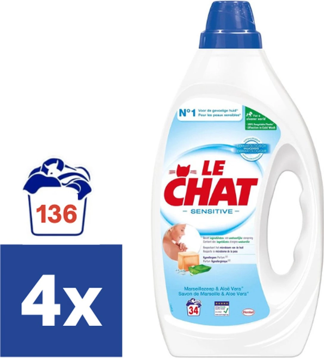 Le Chat Gel Sensitive - Vloeibaar Wasmiddel - Halfjaarbox - 136 Wasbeurten 1 Le Chat Gel Sensitive - Vloeibaar Wasmiddel - Halfjaarbox - 136 Wasbeurten