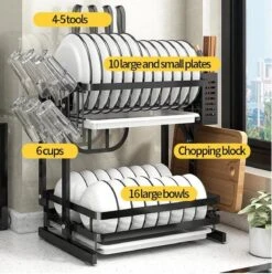 Doogo® Afdruiprek Met Lekbak 2 Laags – Inklapbaar - Muur Hangen Mogelijke - Afwasrek – Met 2 Lekbakken – Extra Accessories Voor Servies En Snijplanken - RVS -Dagelijkse Benodigdheden Verkoop 1195x1200 1