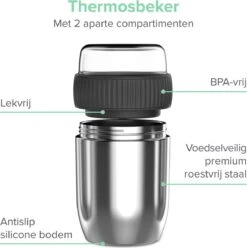 Coninx Thermos Lunchbox - Muesli Beker To Go - Isoleer Lunchpot - Yoghurtbeker To Go - Mueslibeker 840ml (600ml+240ml) - RVS -Dagelijkse Benodigdheden Verkoop 1195x1200