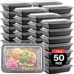 Buxibo - 50 Meal Prep Bakjes - Salade/Lunch Box - Diepvriesbakjes - Vershoudbakjes - Plastic Bakjes Met Deksel - Vershouddoos - Magnetron Vaatwasser Bestendig - 24 Oz/0.7 Liter Inhoud - Herbruikbaar - Kunststof - BPA Vrij - Zwart