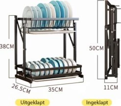 Doogo® Afdruiprek Met Lekbak 2 Laags – Inklapbaar - Muur Hangen Mogelijke - Afwasrek – Met 2 Lekbakken – Extra Accessories Voor Servies En Snijplanken - RVS -Dagelijkse Benodigdheden Verkoop 1200x1056