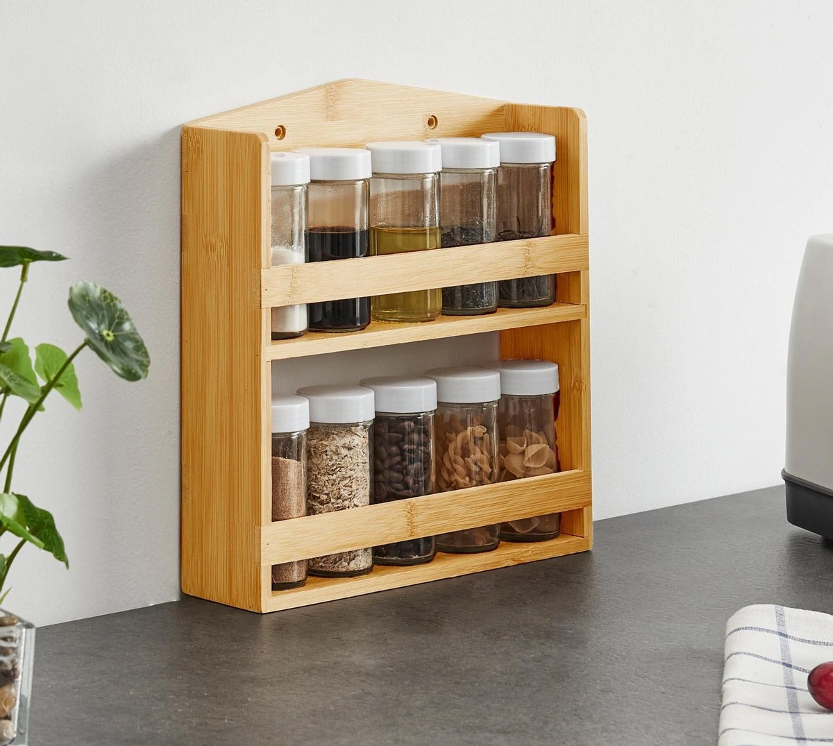 ACAZA Ophangbaar Kruidenrek Met 10 Glazen Kruidenpotjes, Spice Rack, Keuken Rek, Kruiden Organizer Voor Specerijen, Peper, Zout, 26 Cm Breed, Bamboe 4 ACAZA Ophangbaar Kruidenrek Met 10 Glazen Kruidenpotjes, Spice Rack, Keuken Rek, Kruiden Organizer Voor Specerijen, Peper, Zout, 26 Cm Breed, Bamboe - Afbeelding 4