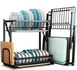 Doogo® Afdruiprek Met Lekbak 2 Laags – Inklapbaar - Muur Hangen Mogelijke - Afwasrek – Met 2 Lekbakken – Extra Accessories Voor Servies En Snijplanken - RVS -Dagelijkse Benodigdheden Verkoop 1200x1095