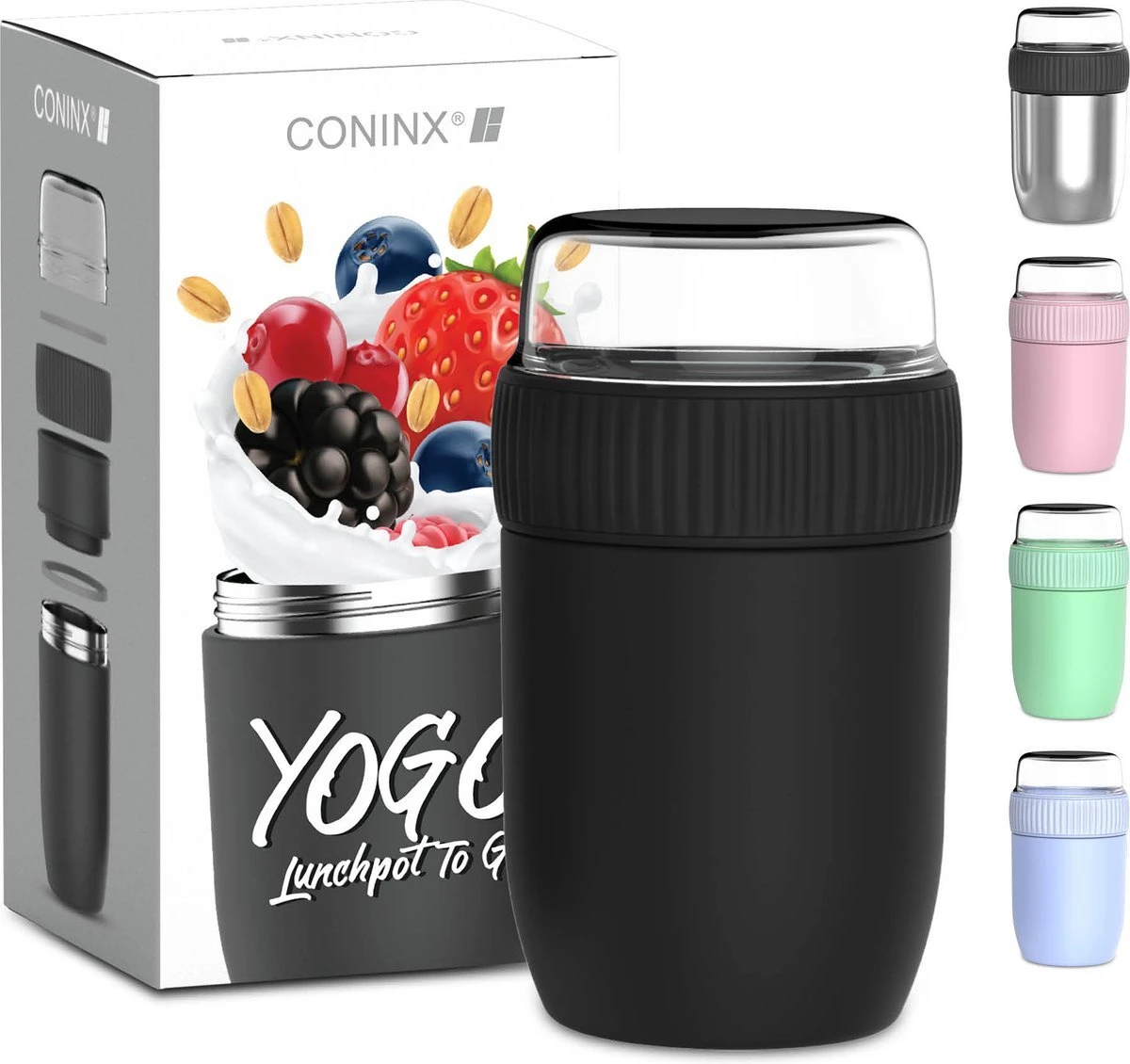 Coninx Thermos Lunchbox - Muesli Beker To Go - Isoleer Lunchpot - Yoghurtbeker To Go - Mueslibeker 840ml (600ml+240ml) - RVS / Zwart