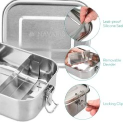 Navaris RVS Broodtrommel Met Verdeler - Meal Prep Bakje - Vershouddoos - Lunchbox - 17 X 13 X 6 Cm - Inhoud 0,8 Liter - Vaatwasbestendig -Dagelijkse Benodigdheden Verkoop 1200x1185