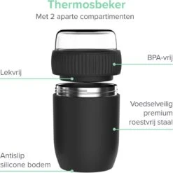 Coninx Thermos Lunchbox - Muesli Beker To Go - Isoleer Lunchpot - Yoghurtbeker To Go - Mueslibeker 840ml (600ml+240ml) - RVS / Zwart -Dagelijkse Benodigdheden Verkoop 1200x1198 8