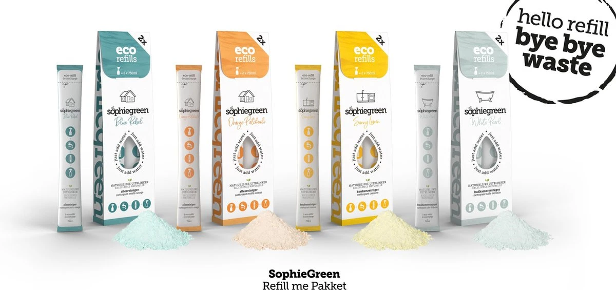 SophieGreen Eco-Refill Pakket; Allesreiniger Blue Rebel En Orange Patchouli, +Keukenreiniger + Badkamerreiniger (4x2 Navulling= 8 X750ml) 1 SophieGreen Eco-Refill Pakket; Allesreiniger Blue Rebel En Orange Patchouli, +Keukenreiniger + Badkamerreiniger (4x2 Navulling= 8 X750ml)