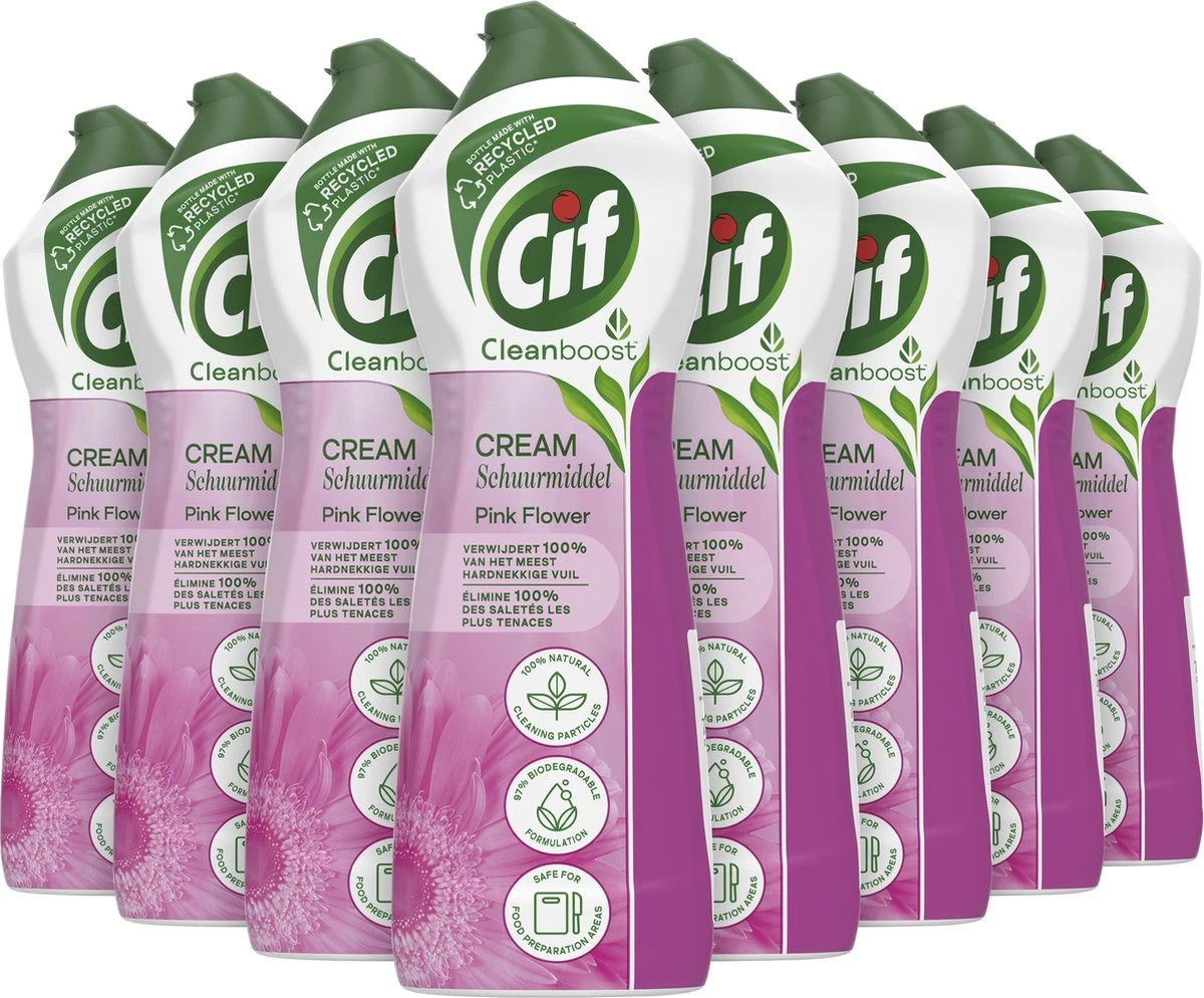 Cif CleanBoost Cream Pink Schuurmiddel - 8 X 750 Ml - Voordeelverpakking 1 Cif CleanBoost Cream Pink Schuurmiddel - 8 X 750 Ml - Voordeelverpakking