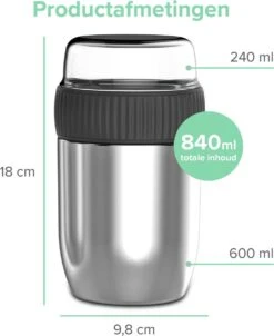 Coninx Thermos Lunchbox - Muesli Beker To Go - Isoleer Lunchpot - Yoghurtbeker To Go - Mueslibeker 840ml (600ml+240ml) - RVS -Dagelijkse Benodigdheden Verkoop 981x1200 1